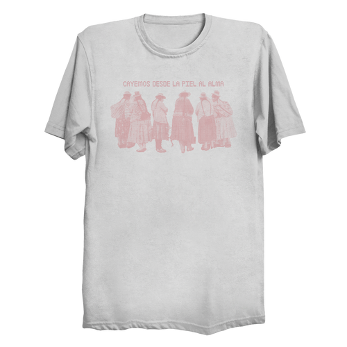 White t-shirt with pink graphic design on a white background