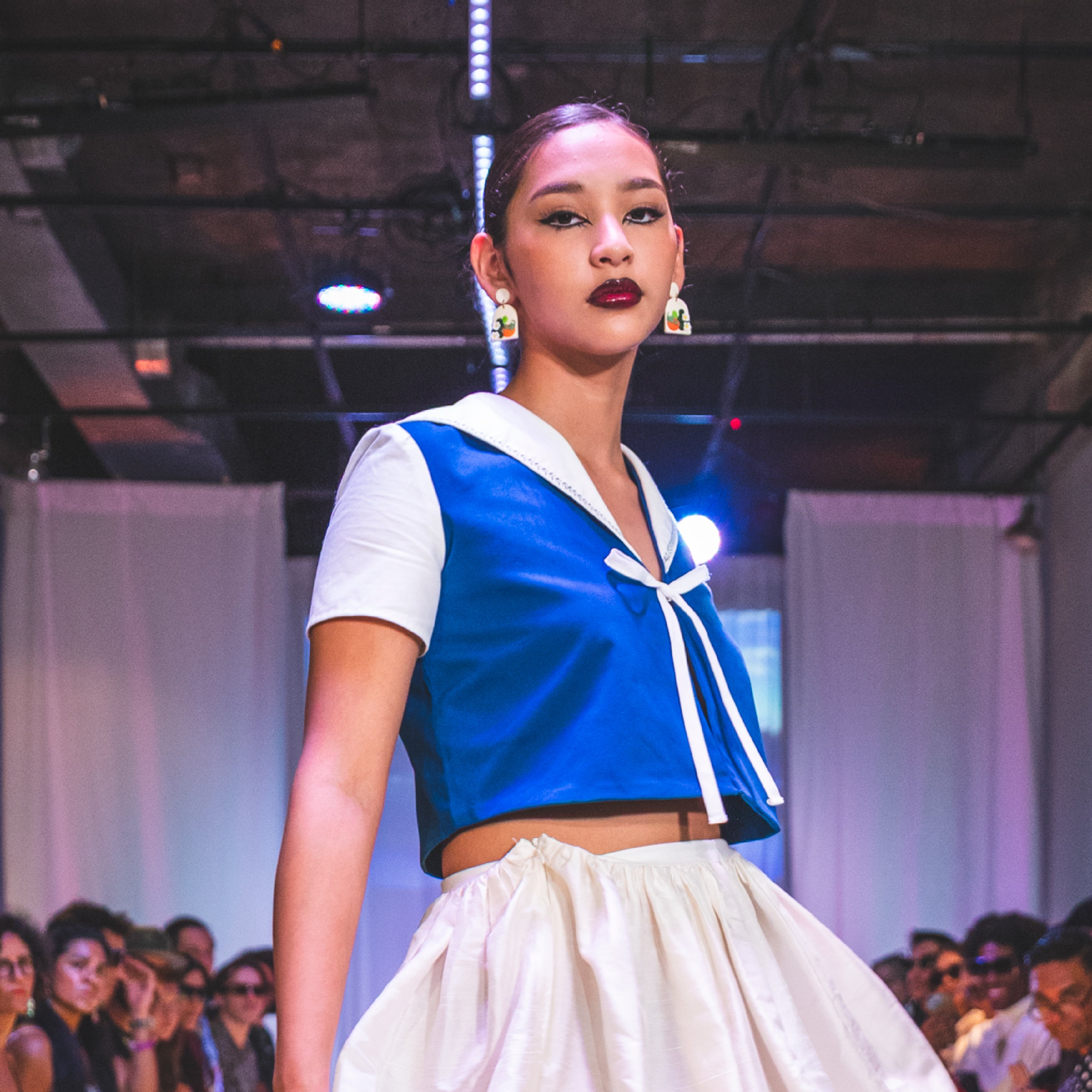 Woven Cotton Crop Top in Blue and White with Sailor Collar