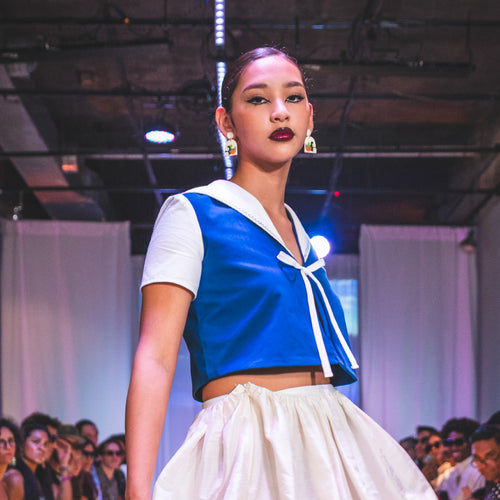 Cerulean blue woven cotton crop top with white sailor collar and green embroidery - view 2