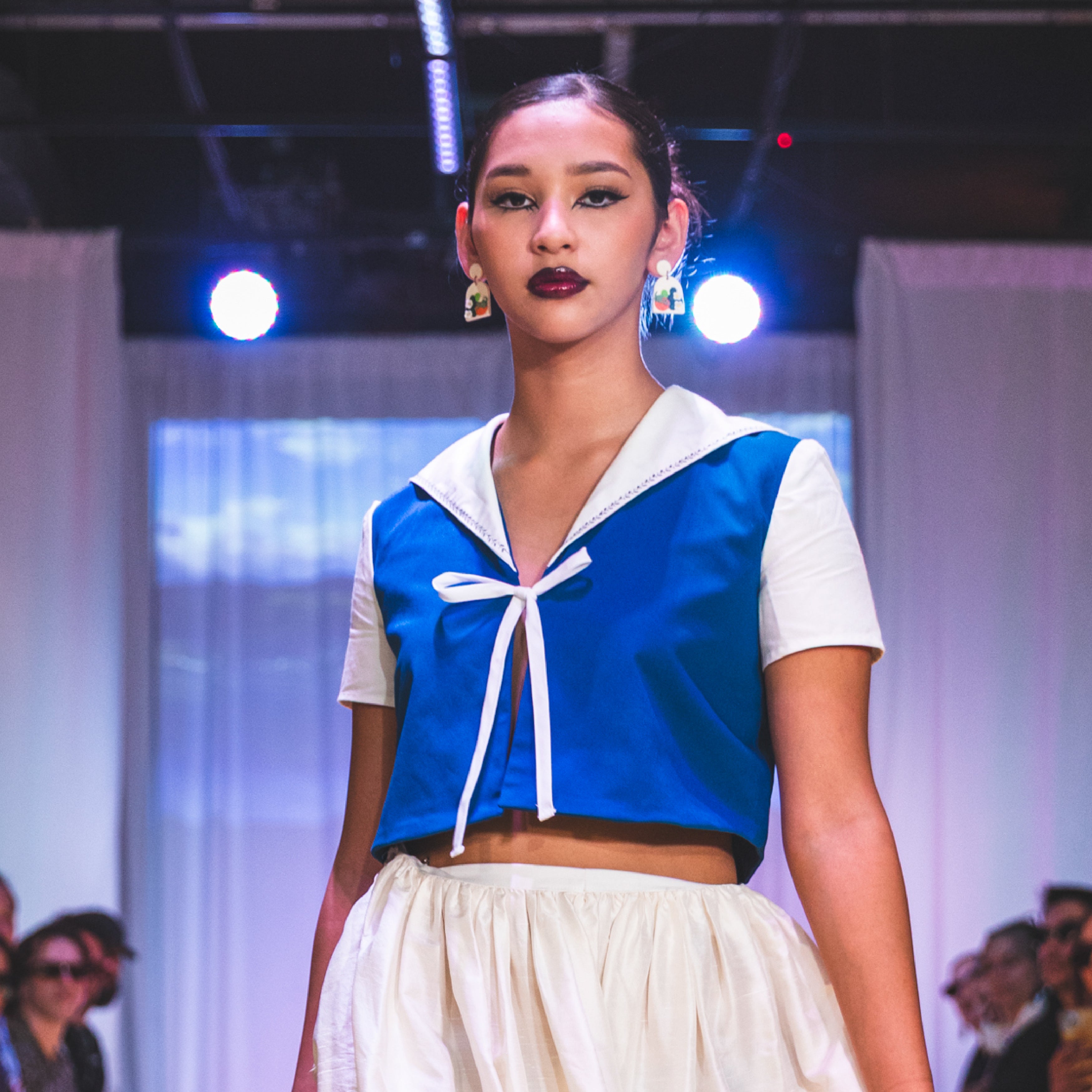 Woven Cotton Crop Top in Blue and White with Sailor Collar