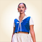 Woven Cotton Crop Top in Blue and White with Sailor Collar