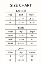 Size chart for knit tops, skirts, and jeans with measurements in inches.