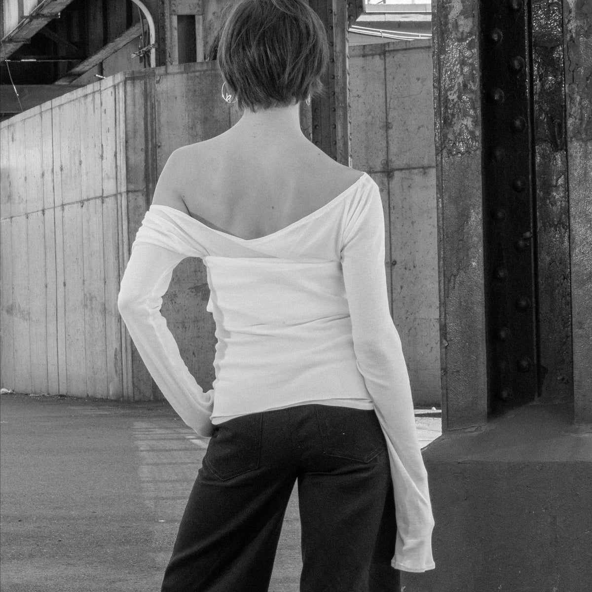 White long sleeve boat neck sheer knit top